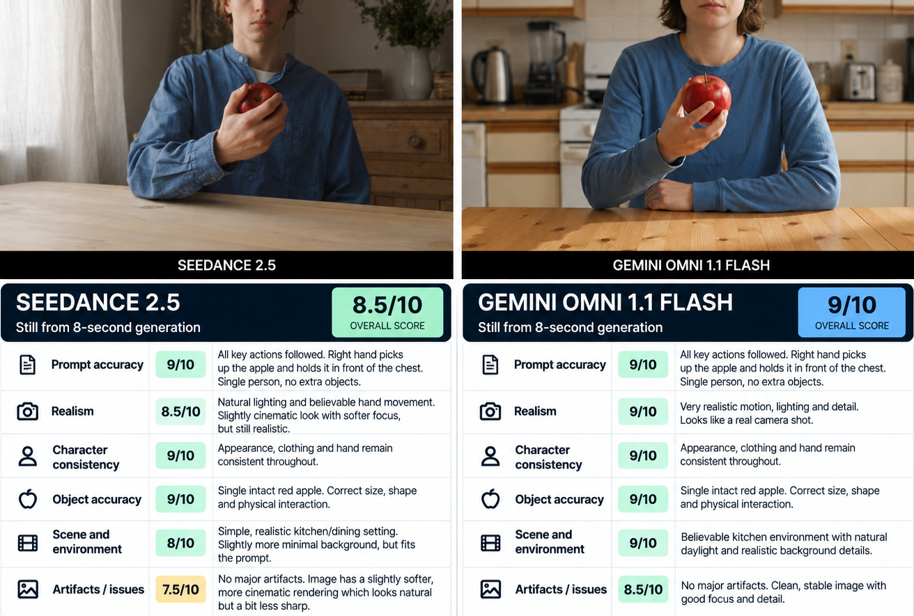 Creative Claw video scorecard for the 8-second apple test, comparing Gemini Omni 1.1 Flash and Seedance 2.5 stills