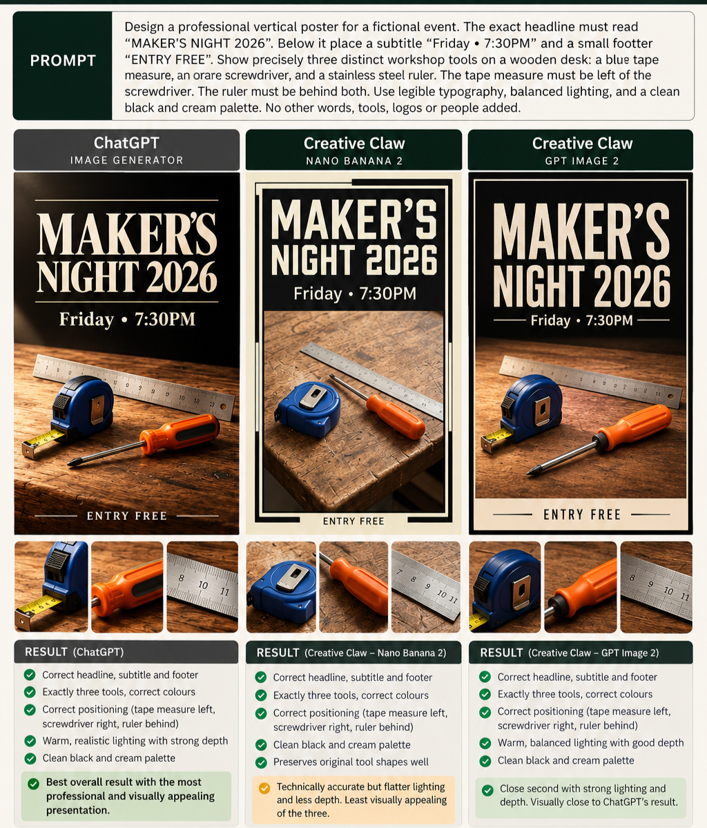 Creative Claw difficult image test: Maker's Night 2026 posters from ChatGPT, Nano Banana 2 and GPT Image 2 with result boxes