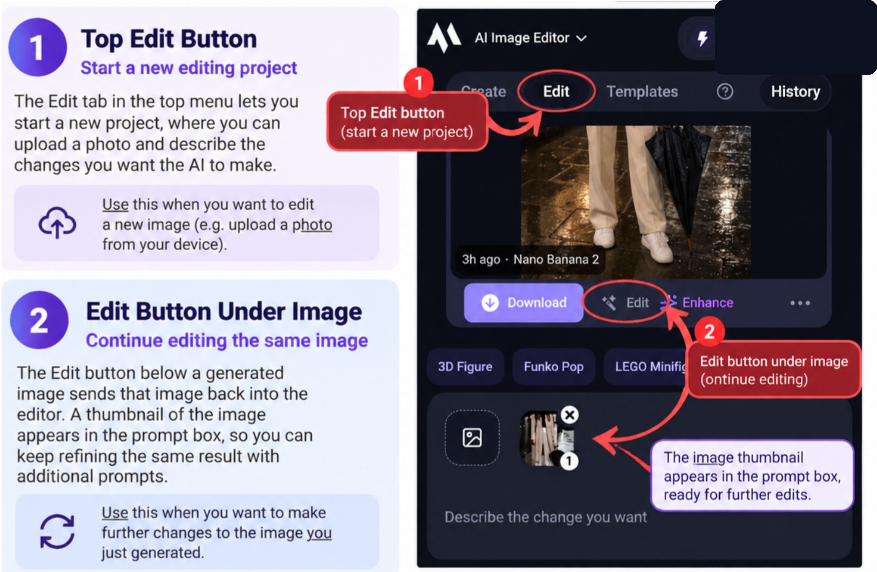Magic Hour image editor showing separate controls for starting an edit and continuing an existing result.